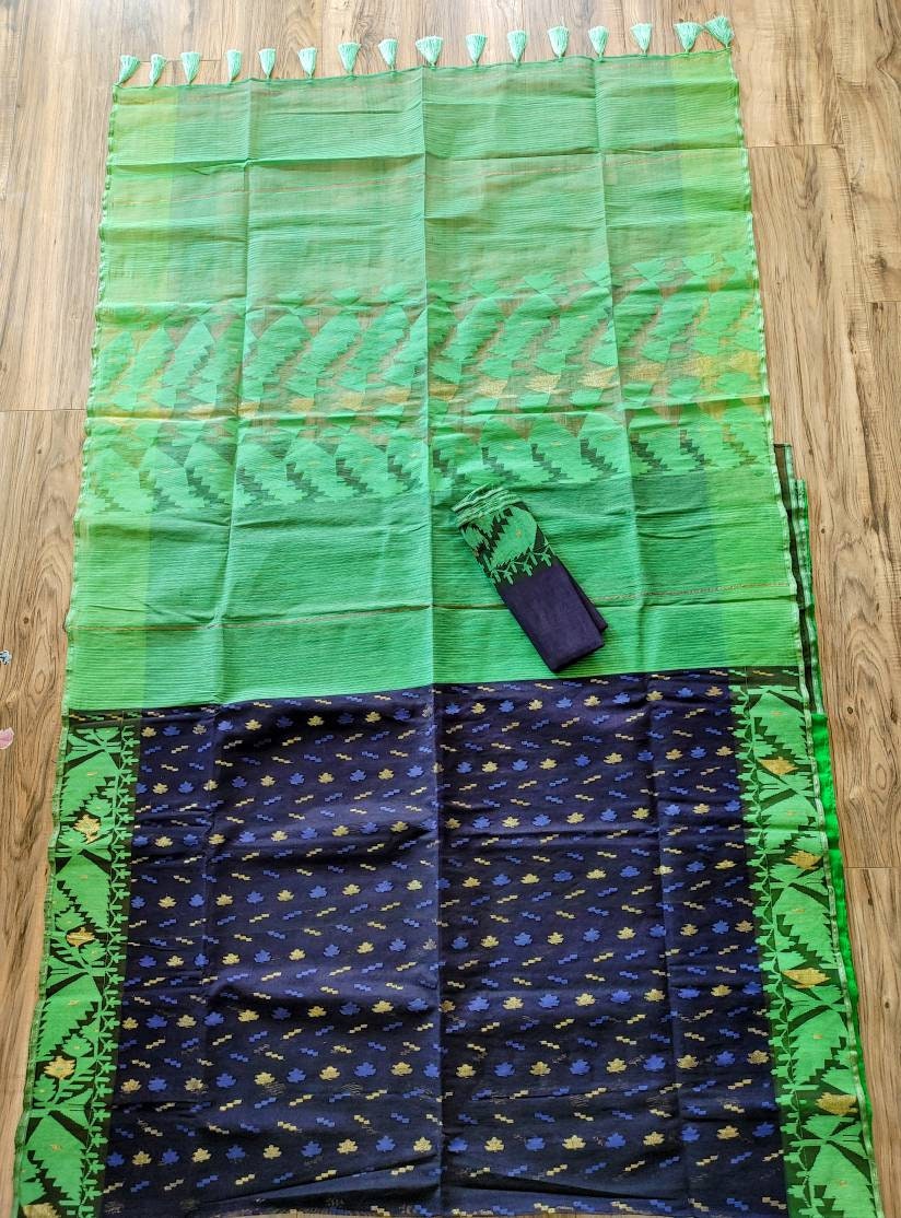Dhakai Jamdani Saree, Navy Blue and Green Contrast work, 84 count thread, Bangladeshi, Handwoven, Halfsilk, Traditional,Elegant,Classy Saree