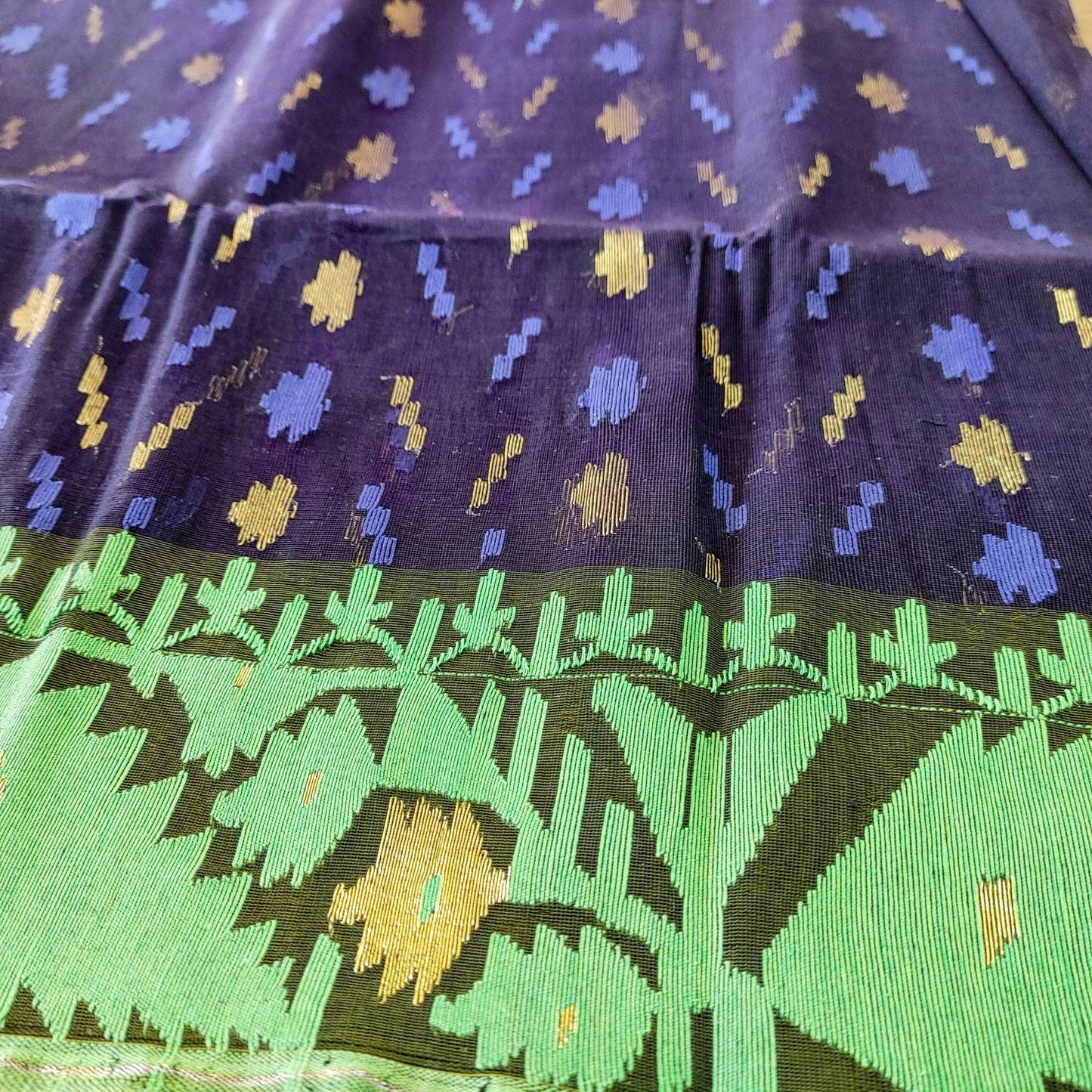 Dhakai Jamdani Saree, Navy Blue and Green Contrast work, 84 count thread, Bangladeshi, Handwoven, Halfsilk, Traditional,Elegant,Classy Saree