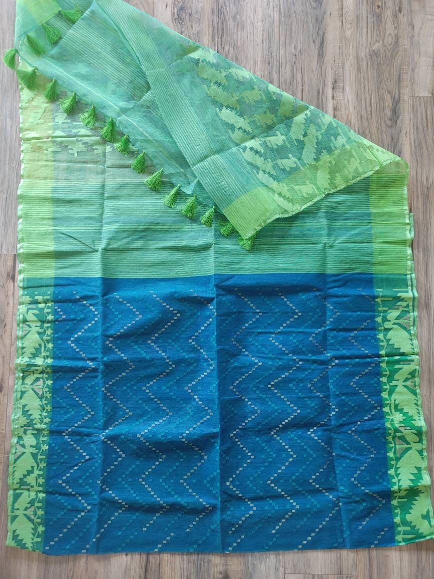 Dhakai Jamdani Saree, Blue and green Contrast Handloom, Halfsilk, Jamdani 64 count thread, Traditional,Elegant, Classy Party Saree