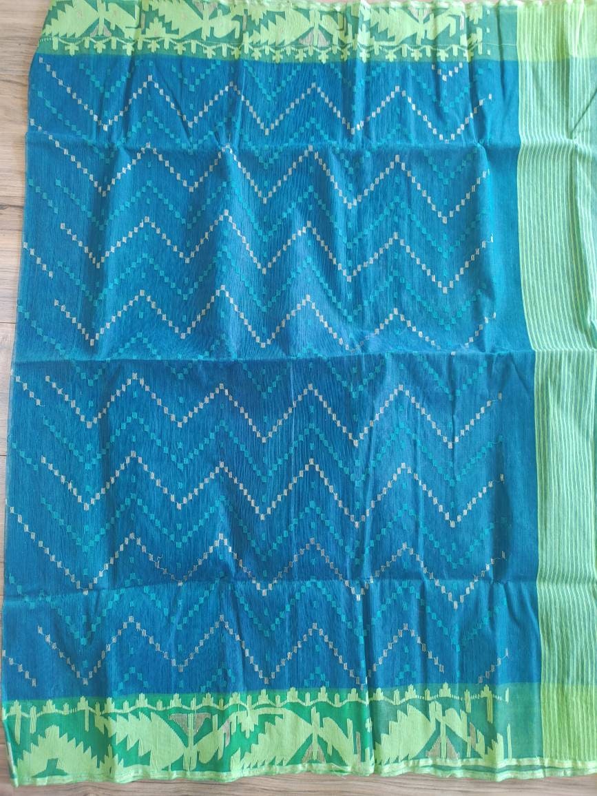 Dhakai Jamdani Saree, Blue and green Contrast Handloom, Halfsilk, Jamdani 64 count thread, Traditional,Elegant, Classy Party Saree