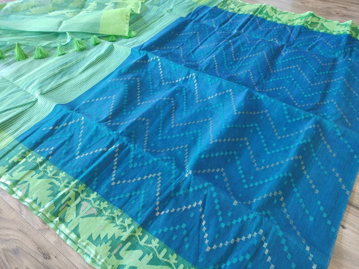 Dhakai Jamdani Saree, Blue and green Contrast Handloom, Halfsilk, Jamdani 64 count thread, Traditional,Elegant, Classy Party Saree