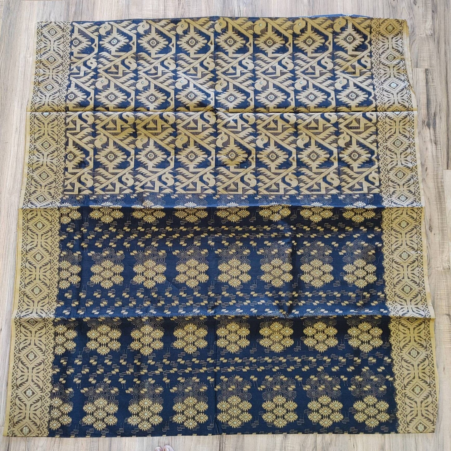 Tangail Semi-Moslin Saree, Black and Golden, Running Blouse Piece, Made in Tangail, Bangladesh