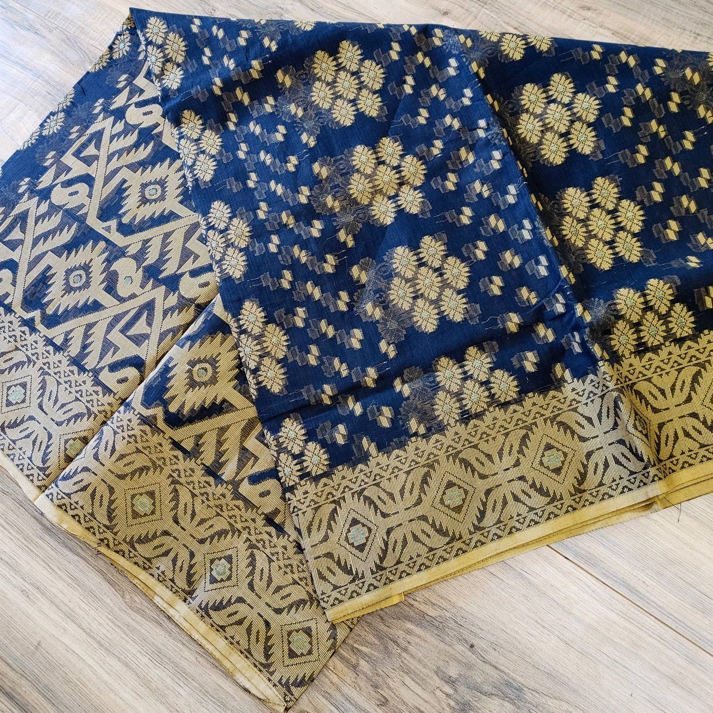 Tangail Semi-Moslin Saree, Black and Golden, Running Blouse Piece, Made in Tangail, Bangladesh
