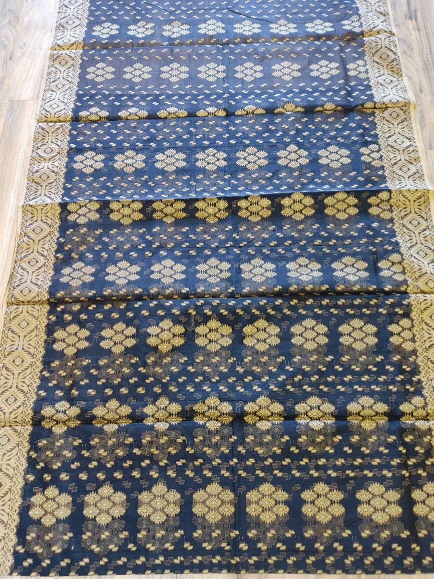 Tangail Semi-Moslin Saree, Black and Golden, Running Blouse Piece, Made in Tangail, Bangladesh