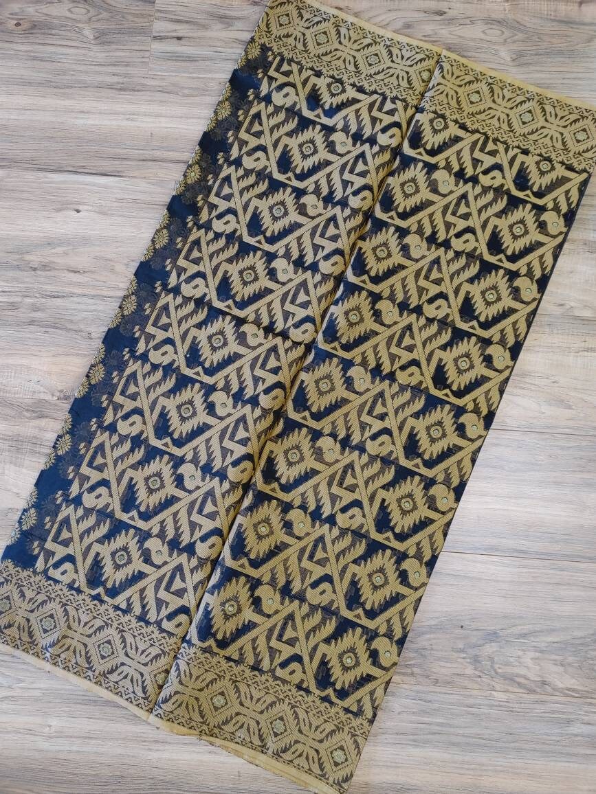 Tangail Semi-Moslin Saree, Black and Golden, Running Blouse Piece, Made in Tangail, Bangladesh