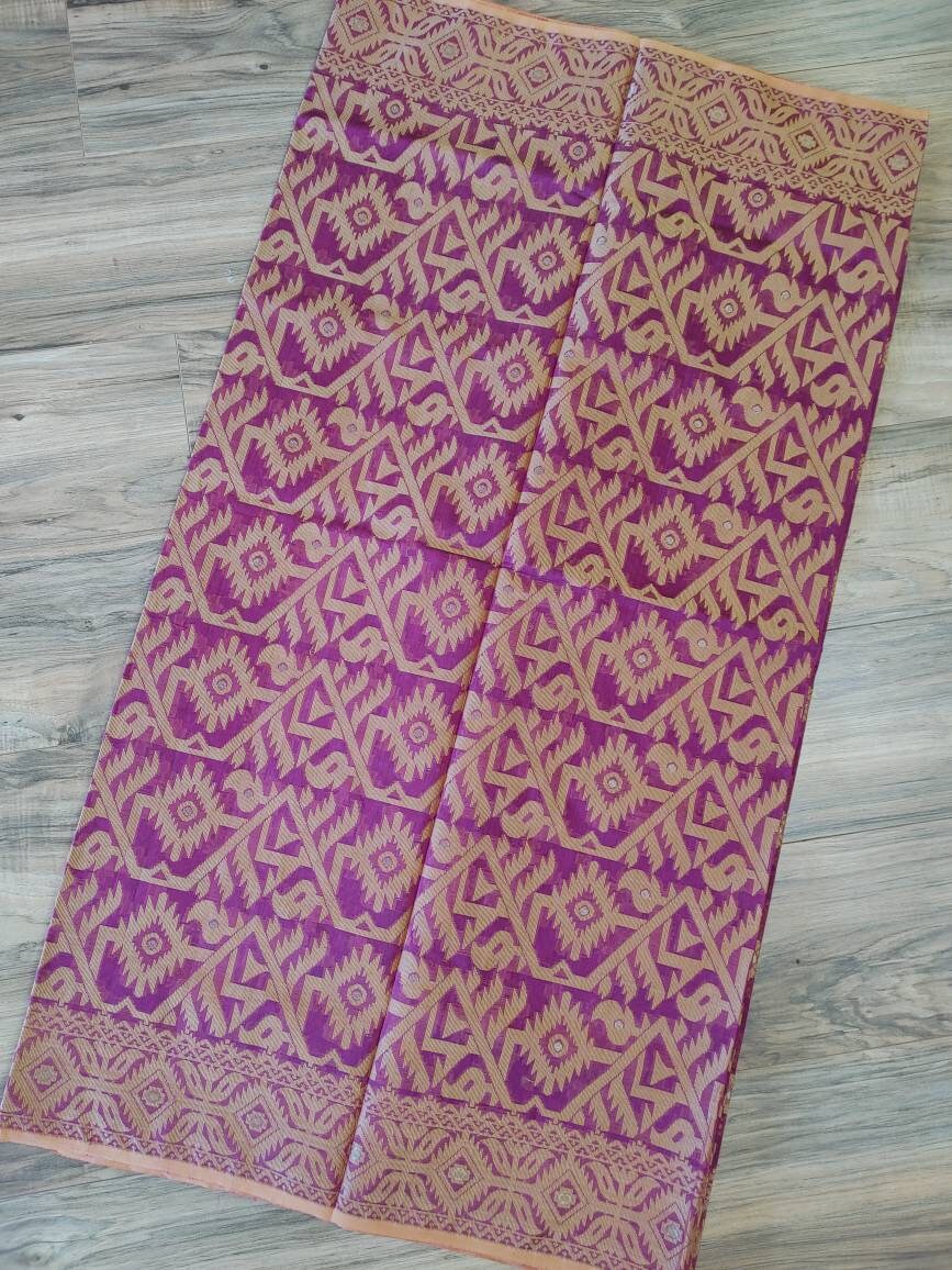 Tangail Semi-Moslin Saree, Deep Magenta and Golden, Running Blouse Piece, Made in Tangail, Bangladesh