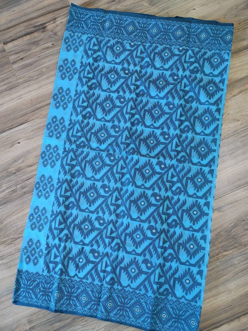Tangail Semi-Moslin Saree, Sky blue with Black thread work, Running Blouse Piece, Made in Tangail, Bangladesh
