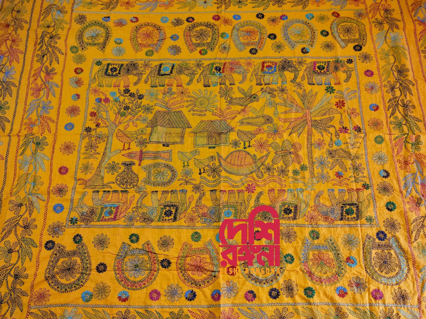 Hand Stitched Nokhsi Kantha, Cotton Bed Cover Quilt, Exclusive Art, Traditional Floral Hand Stitched Art, Made in Jashore, Bangladesh