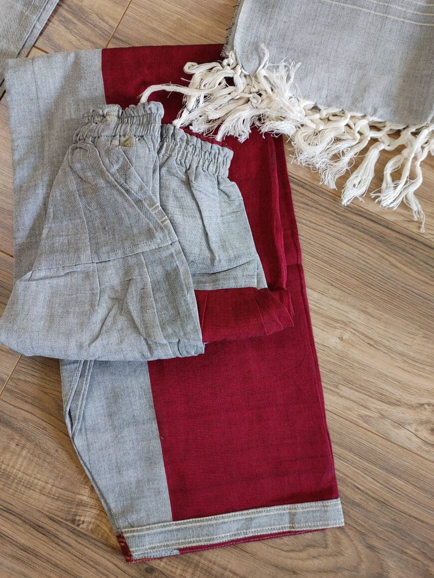 Oversize Handloom Dhakai Jamdani Cotton 3 piece, Maroon-Light Gray Color with Golden Zari, Comfortable Summer Wear, Kamij-Dupatta-Salwar