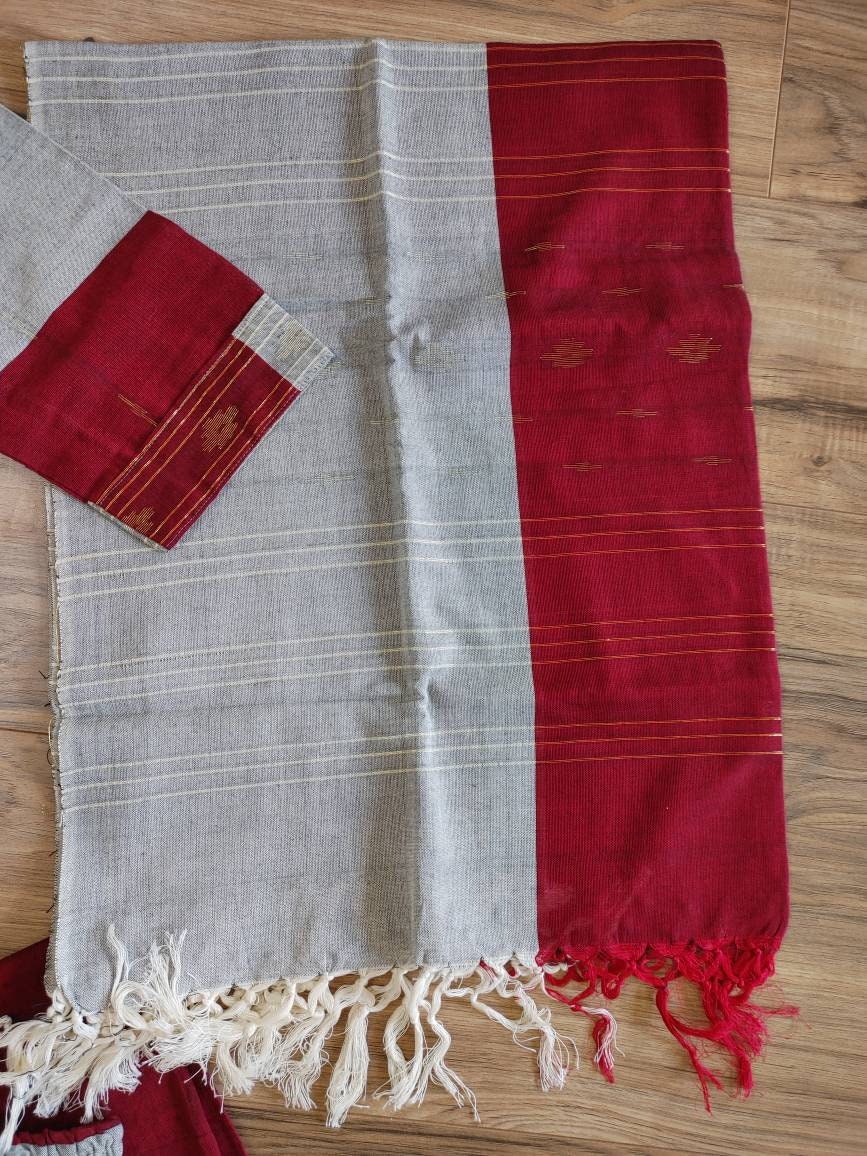 Oversize Handloom Dhakai Jamdani Cotton 3 piece, Maroon-Light Gray Color with Golden Zari, Comfortable Summer Wear, Kamij-Dupatta-Salwar