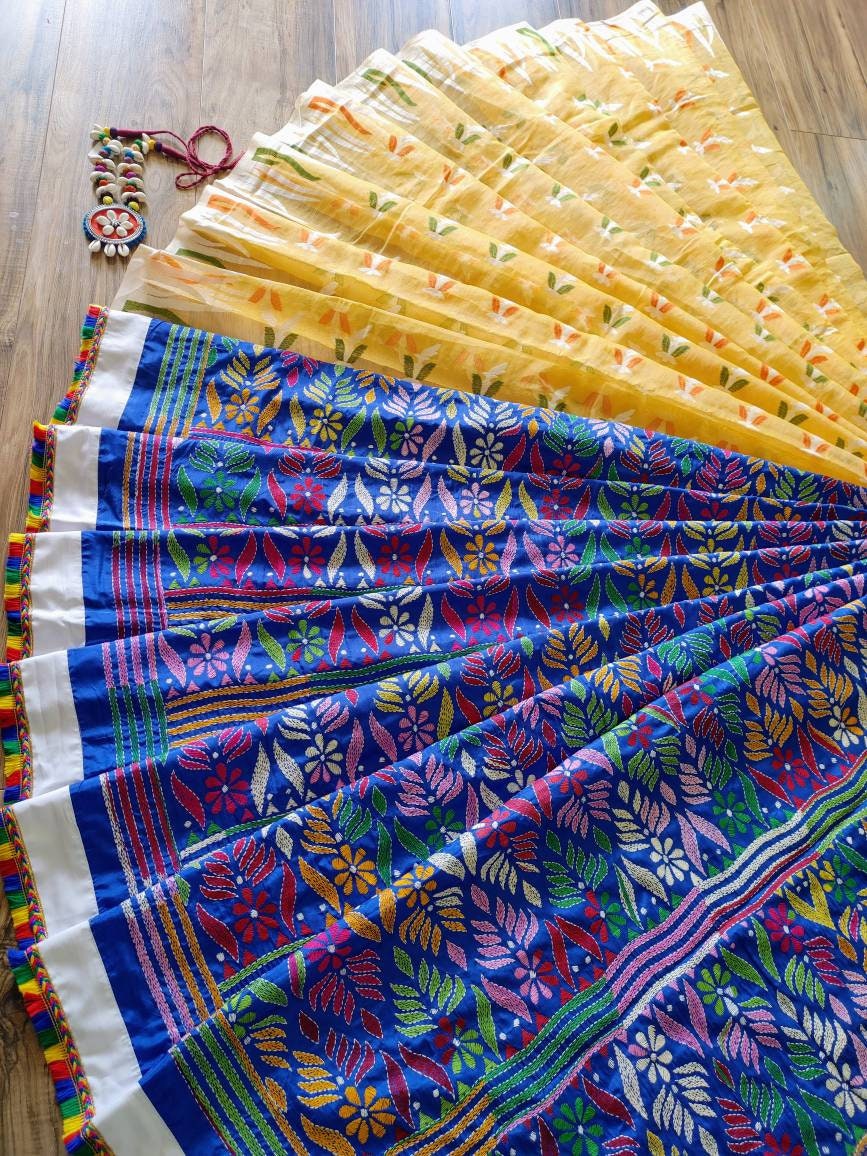 Extraordinary Hand Stiched Kantha Saree, Half Jamdani, Half Bangalore Silk with Multi color Kantha Works,running blouse piece, Elegant Saree