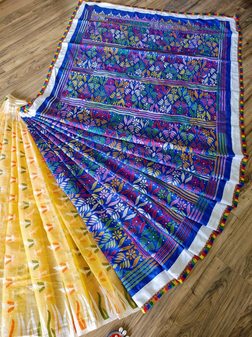 Extraordinary Hand Stiched Kantha Saree, Half Jamdani, Half Bangalore Silk with Multi color Kantha Works,running blouse piece, Elegant Saree