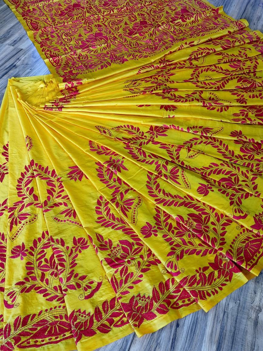 Extraordinary Hand Stiched Kantha Saree, Yellow Bangalore Silk with Red Kantha Works Allover, running blouse piece, Elegant,Classy Saree