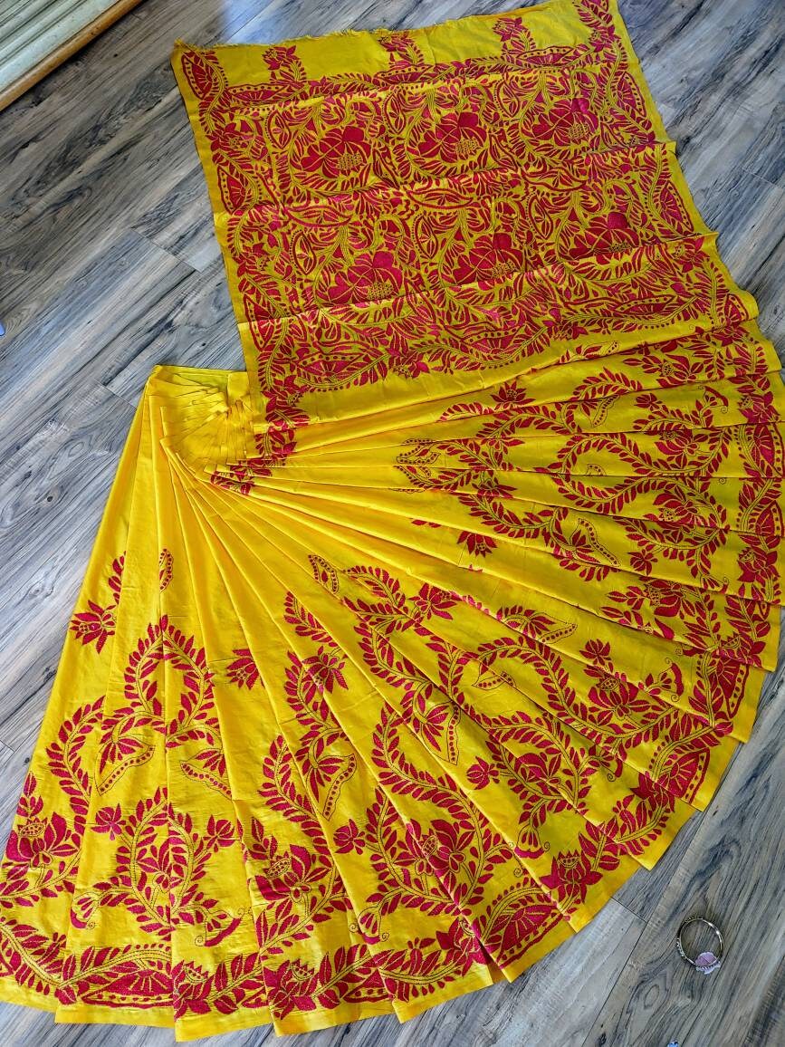 Extraordinary Hand Stiched Kantha Saree, Yellow Bangalore Silk with Red Kantha Works Allover, running blouse piece, Elegant,Classy Saree