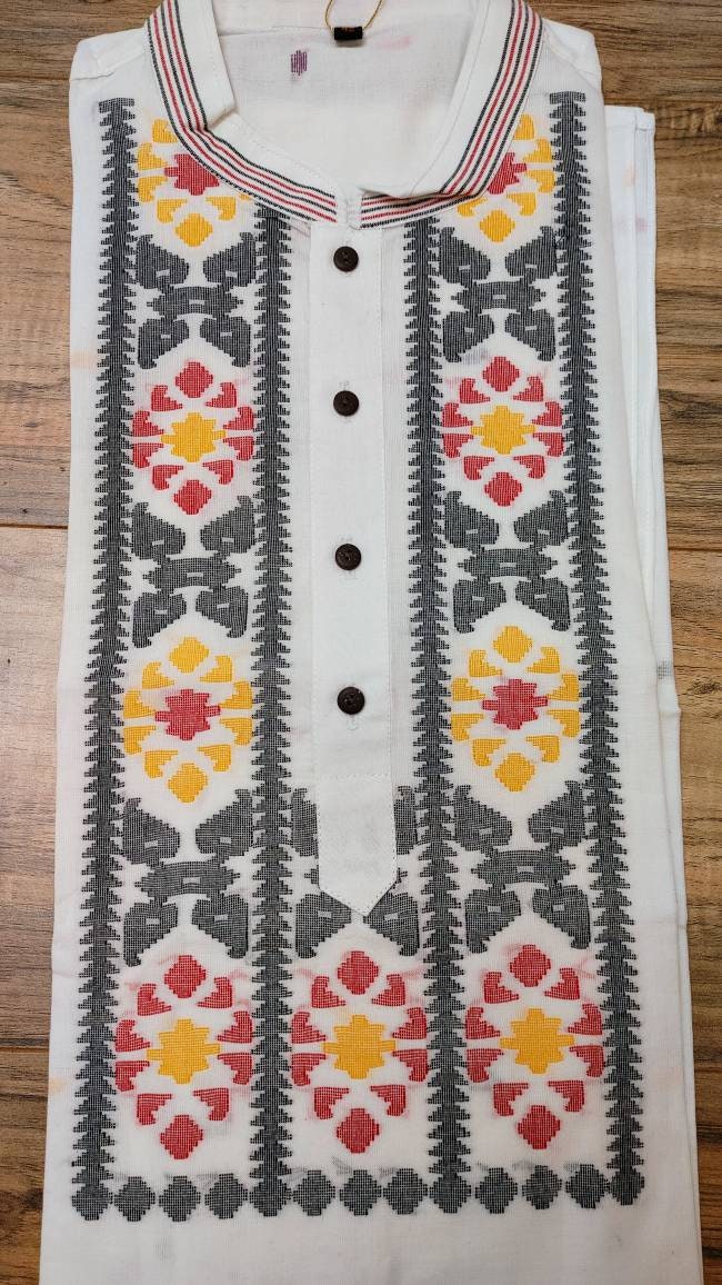 Pure Cotton Dhakai Jamdani White Punjabi, Handloom, Comfortable, Elegant, Made in Dhaka, Bangladesh. Slim Fitting