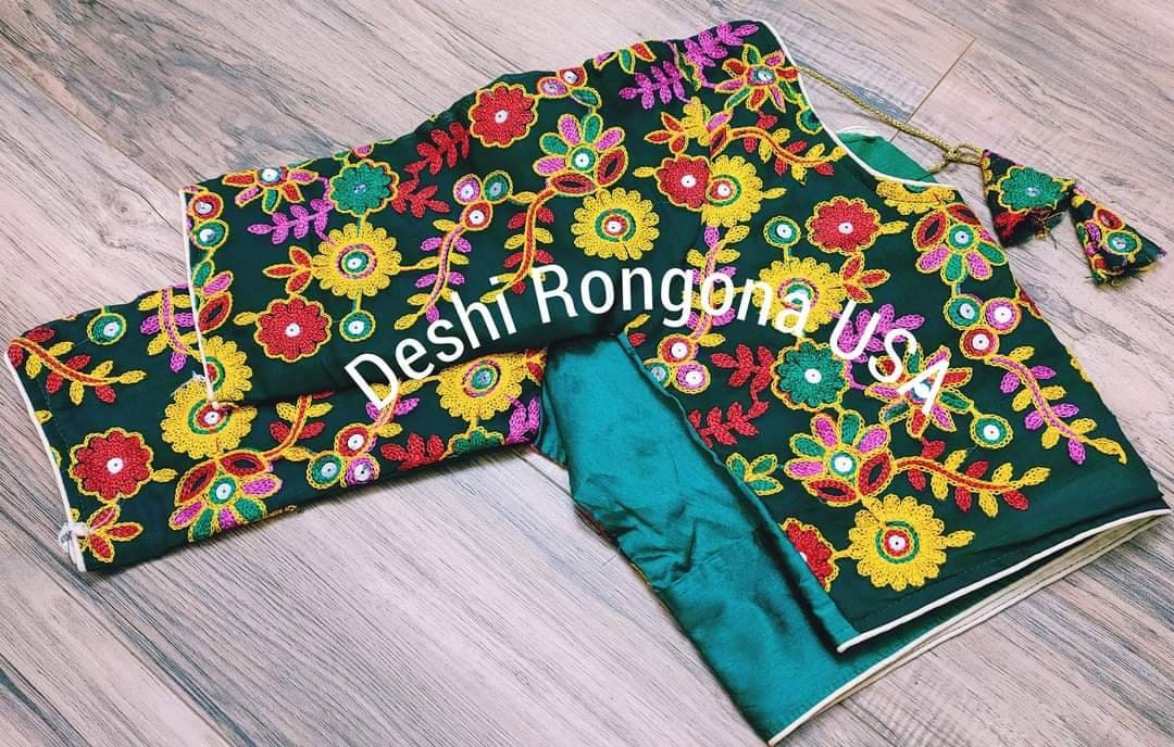 Elegant Readymade Green Pulkari Rajasthani Blouse that goes with any saree collection you have in your closet