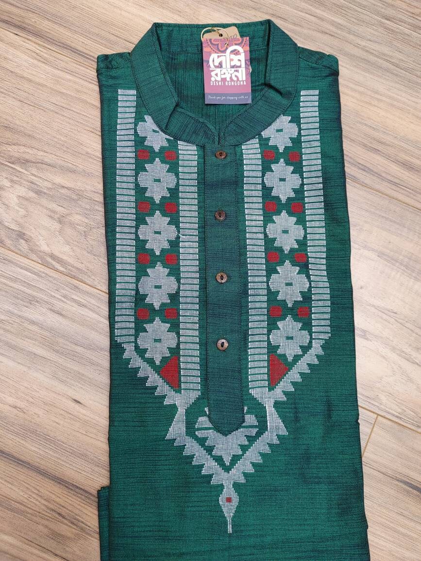 Dhakai Jamdani Tosshor Silk Punjabi, Deep Green with Red- White Thread Work, Comfortable, Classy, Handmade from Scratch in Bangladesh