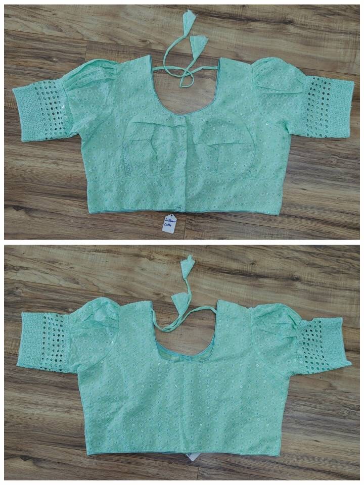 Readymade Lakhnaw Cotton Blouse, Turquoise Readymade Designer Blouse, Embroidered, Comfortable, goes with any contrast saree of your closet