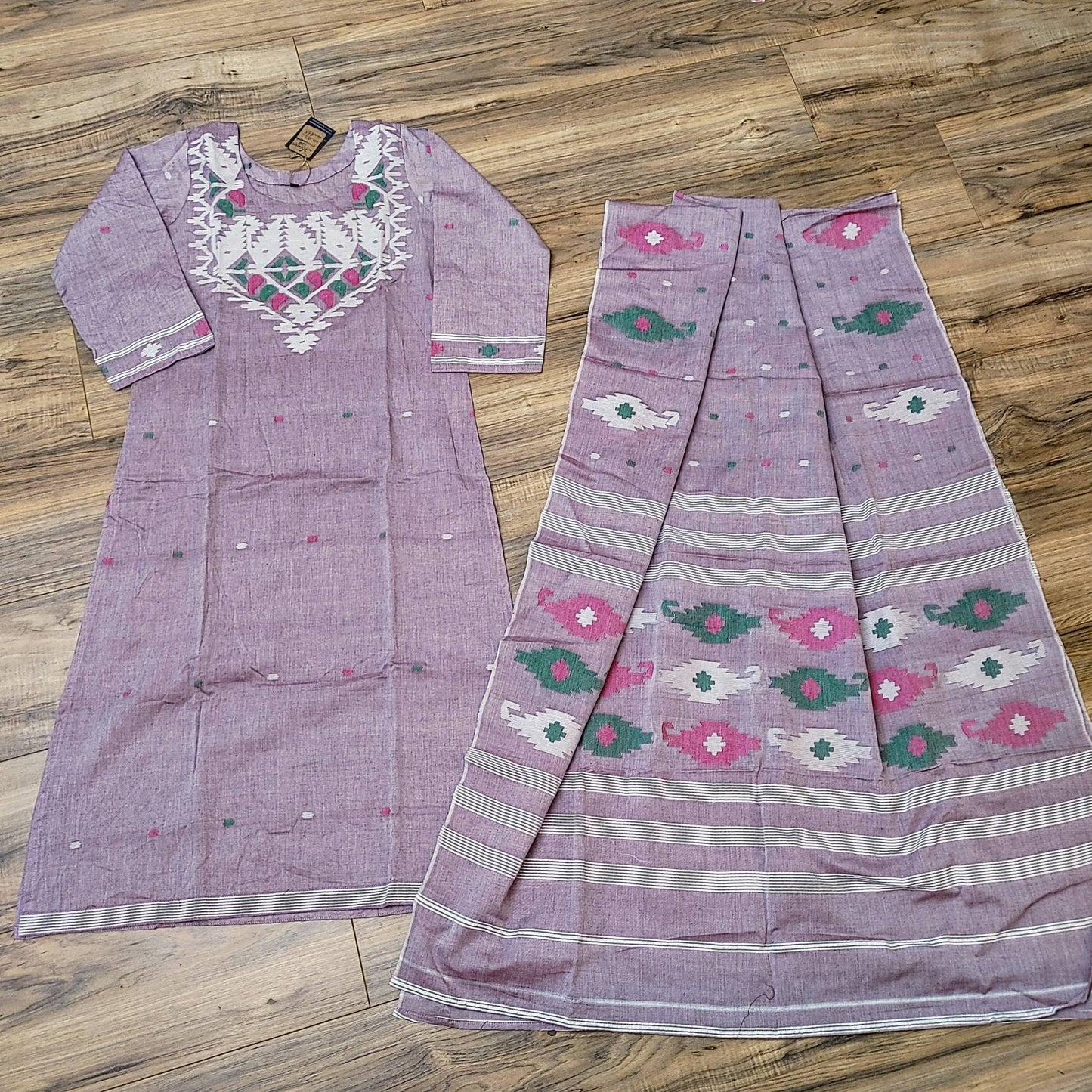 Dhakai Jamdani drees, Handloom Cotton 2 piece, Lillac with 3 color thread work, Soft, Comfortable Summer Wear. Kamij and Dupatta