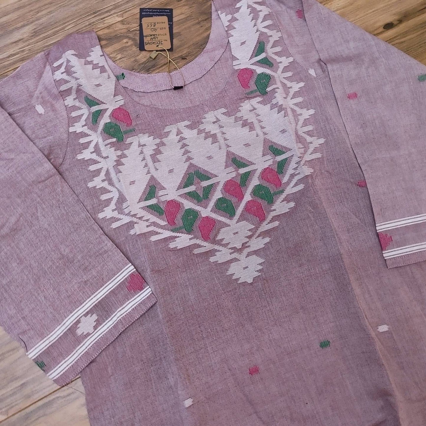 Dhakai Jamdani drees, Handloom Cotton 2 piece, Lillac with 3 color thread work, Soft, Comfortable Summer Wear. Kamij and Dupatta