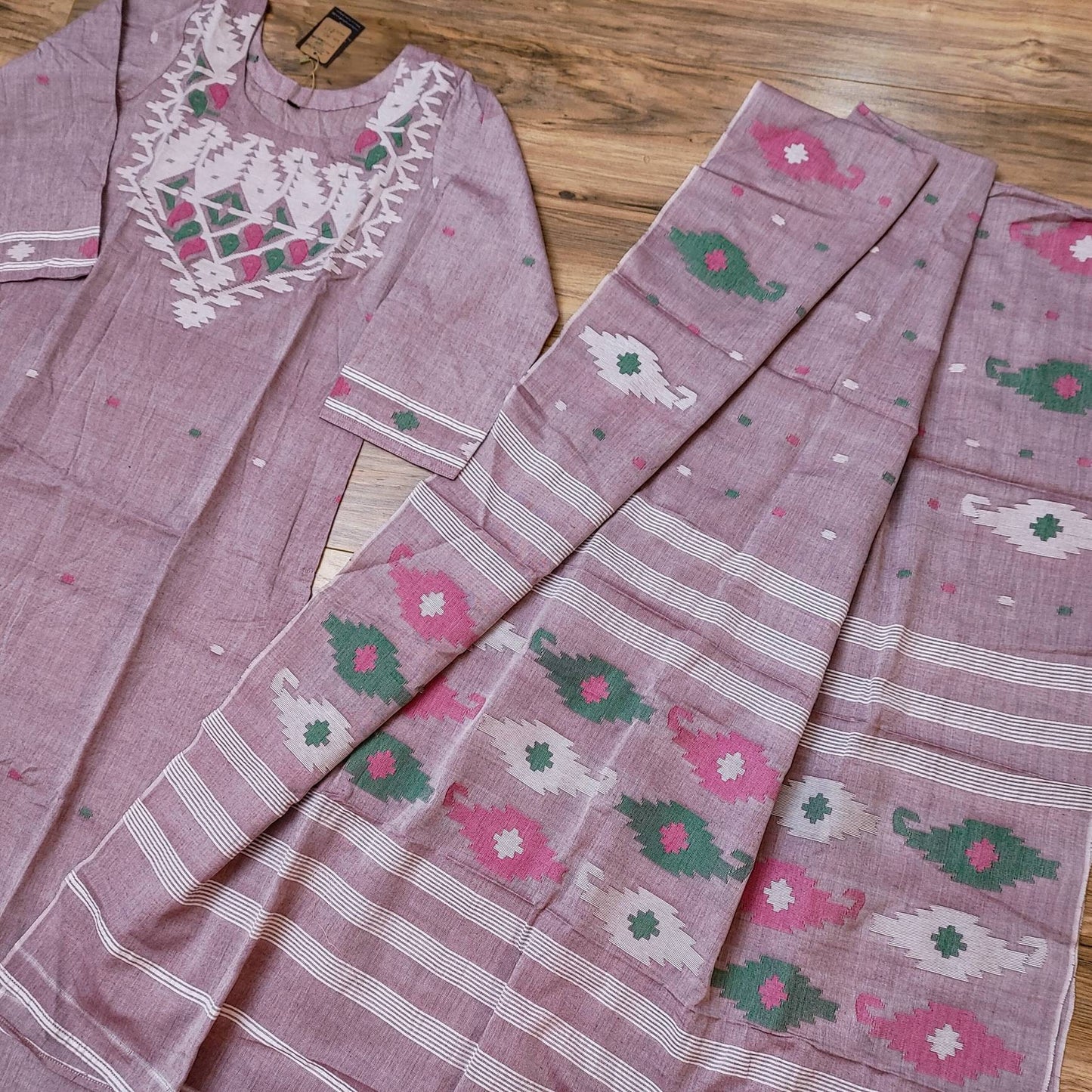 Dhakai Jamdani drees, Handloom Cotton 2 piece, Lillac with 3 color thread work, Soft, Comfortable Summer Wear. Kamij and Dupatta