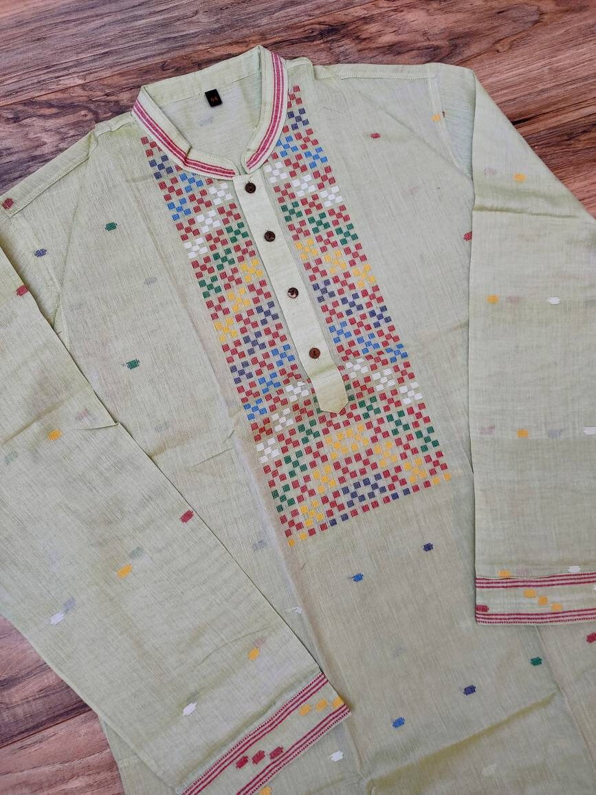 Pure Cotton Dhakai Jamdani Light Lime Punjabi, Handloom, Comfortable, Elegant, Made in Dhaka, Bangladesh. Slim Fitting