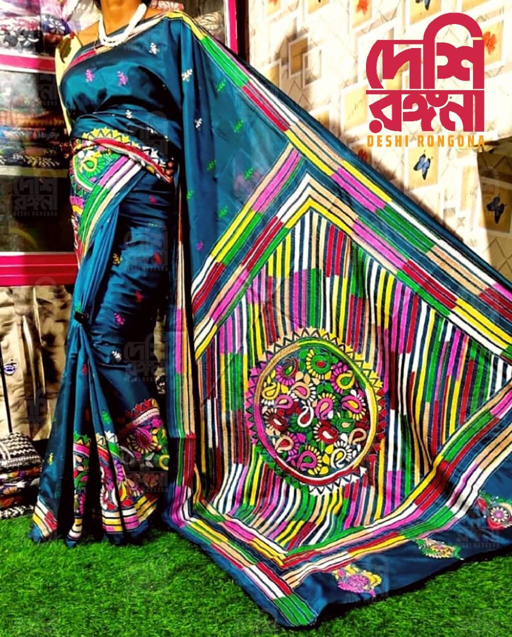 Extraordinary Hand Stiched Kantha Saree, Crystal Teal Color Bangalore Silk with Multi Kantha Works, running blouse, Elegant,Classy Saree