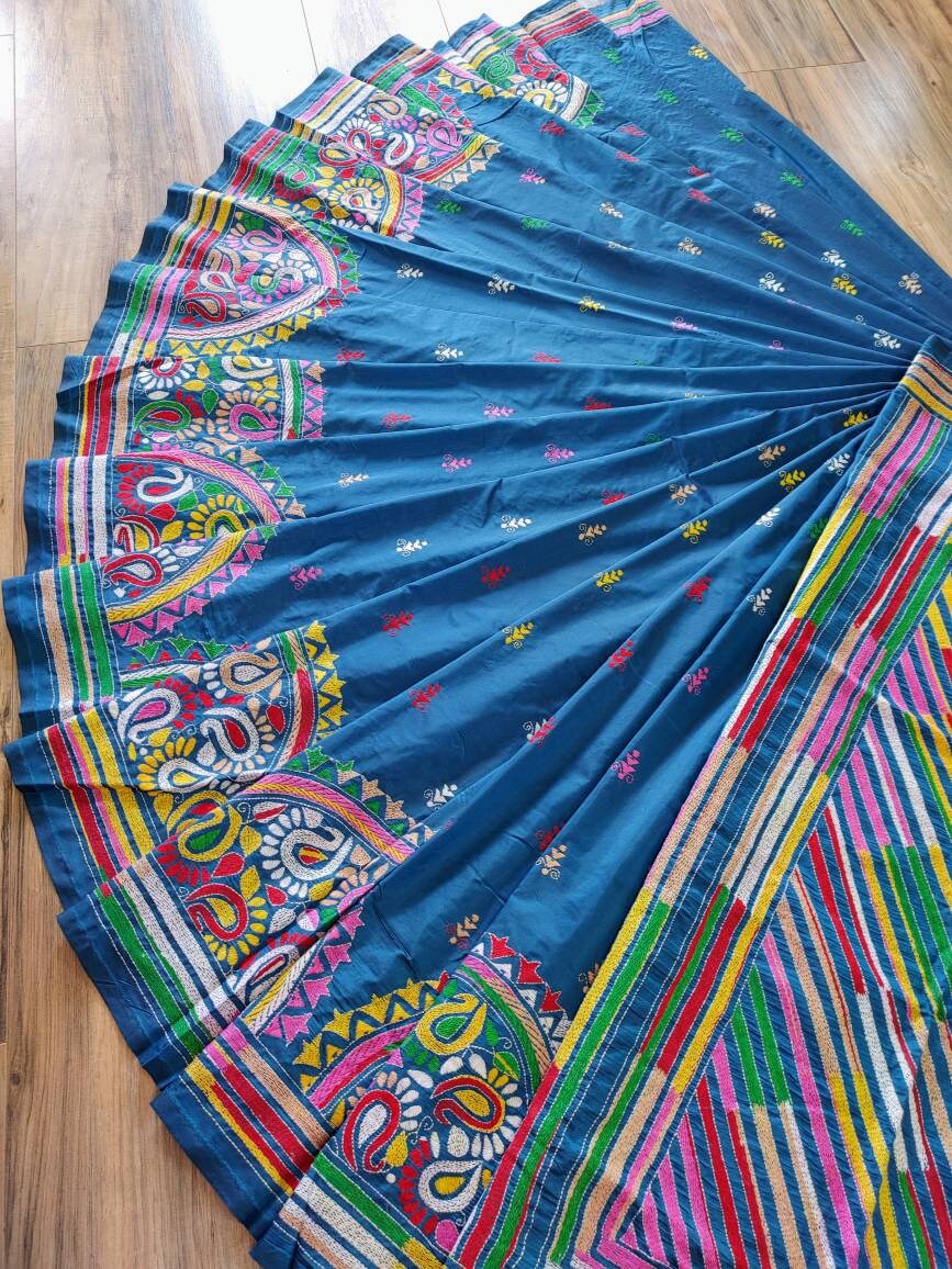 Extraordinary Hand Stiched Kantha Saree, Crystal Teal Color Bangalore Silk with Multi Kantha Works, running blouse, Elegant,Classy Saree