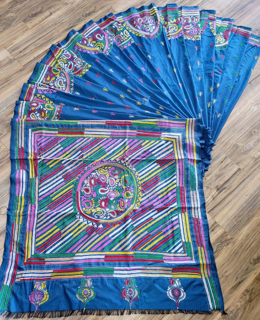 Extraordinary Hand Stiched Kantha Saree, Crystal Teal Color Bangalore Silk with Multi Kantha Works, running blouse, Elegant,Classy Saree