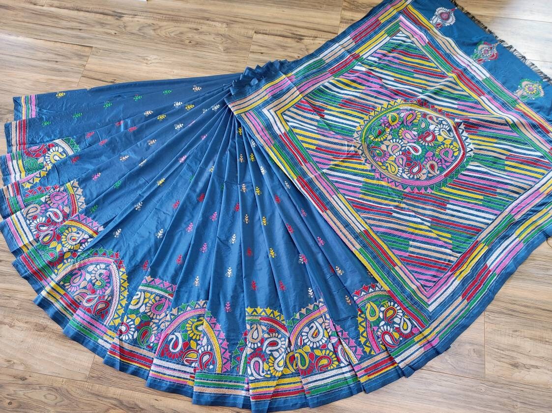 Extraordinary Hand Stiched Kantha Saree, Crystal Teal Color Bangalore Silk with Multi Kantha Works, running blouse, Elegant,Classy Saree