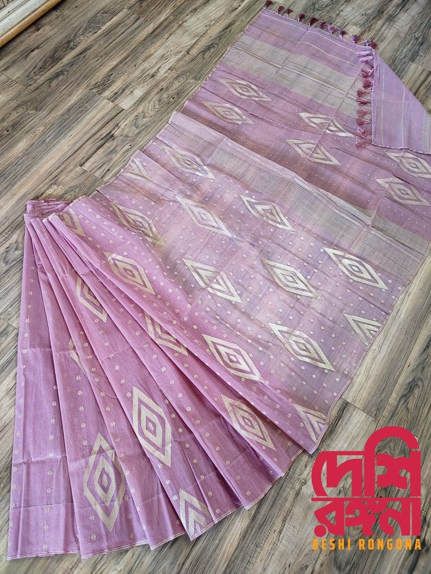 Original Dhakai Jamdani Saree, Beautiful Onion Pink and Golden thread work, Handloom, 80 count, Traditional,Elegant, Classy Party Saree
