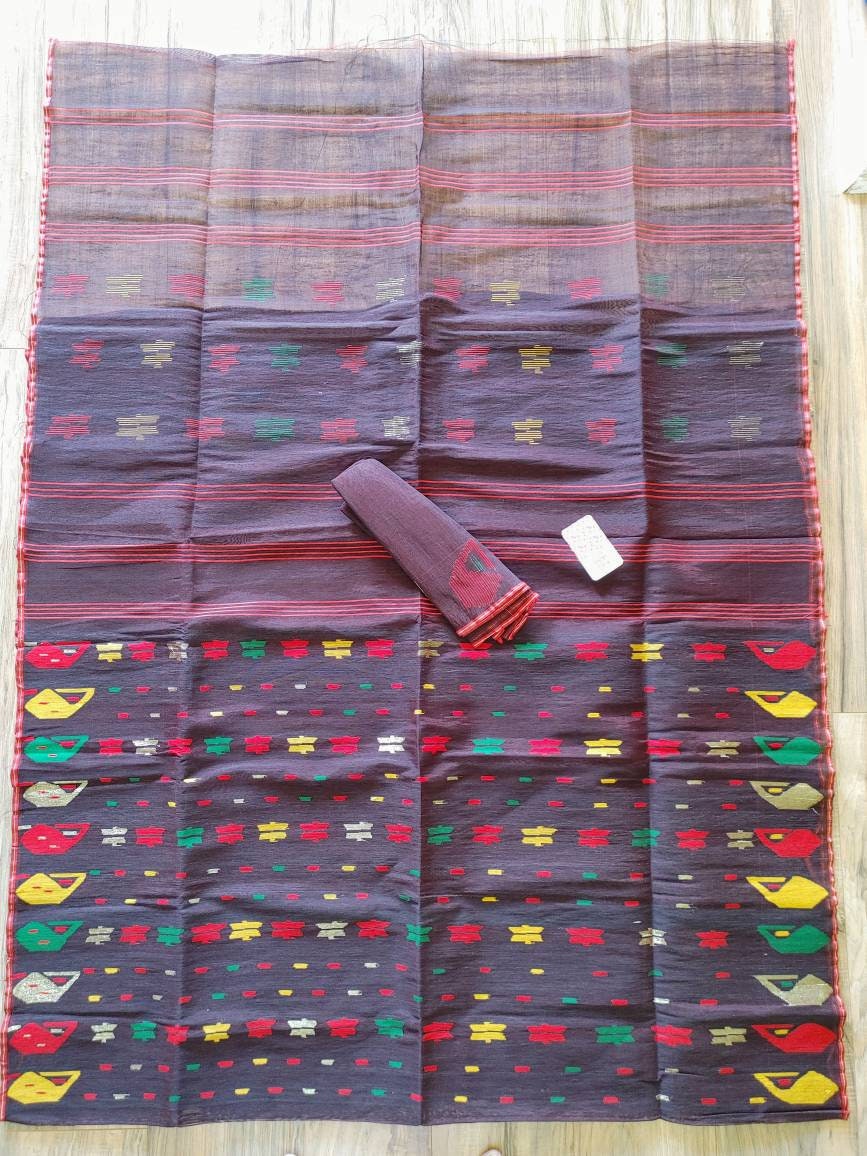 Bangladeshi Dhakai Jamdani Saree Coffee Color With Multi threa work, Halfsilk, Handloom Jamdani 40 count, Traditional, Elegant, Classy Saree