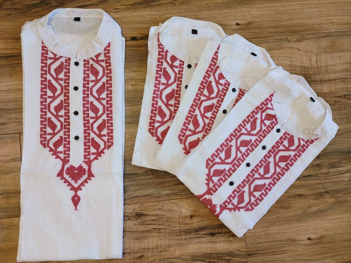 Cotton Dhakai Jamdani White Red Punjabi, Handloom, Comfortable, Elegant, Made in Dhaka, Bangladesh. Aarong Loose Fitting Size 34 to 48