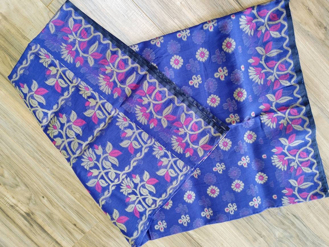 Tangail Tantuja Semi Muslin-Cotton Saree, Beautiful Black with Magenta-Golden Thread Work, Handwoven,Classy, Made in Tangail,Bangladesh