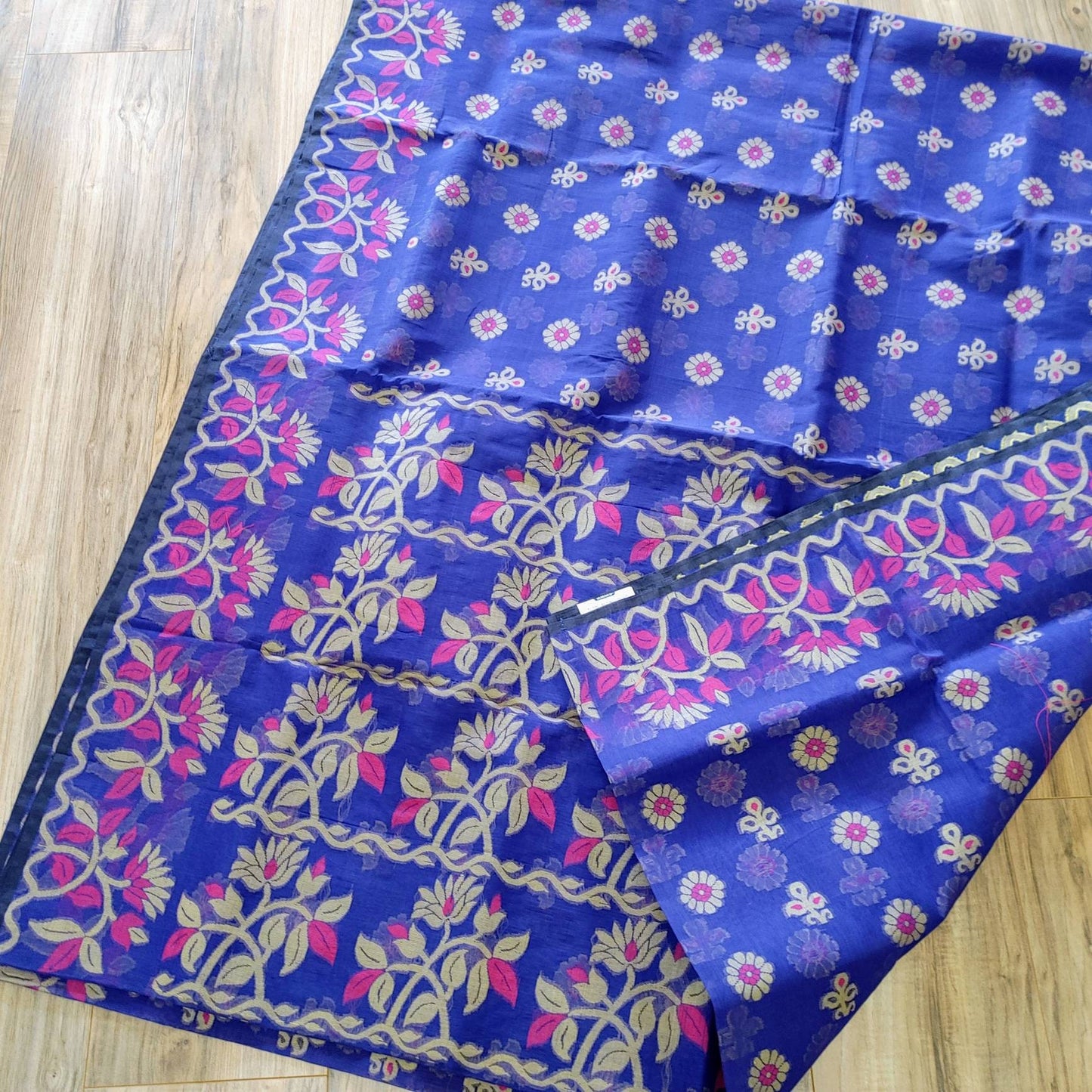 Tangail Tantuja Semi Muslin-Cotton Saree, Beautiful Black with Magenta-Golden Thread Work, Handwoven,Classy, Made in Tangail,Bangladesh