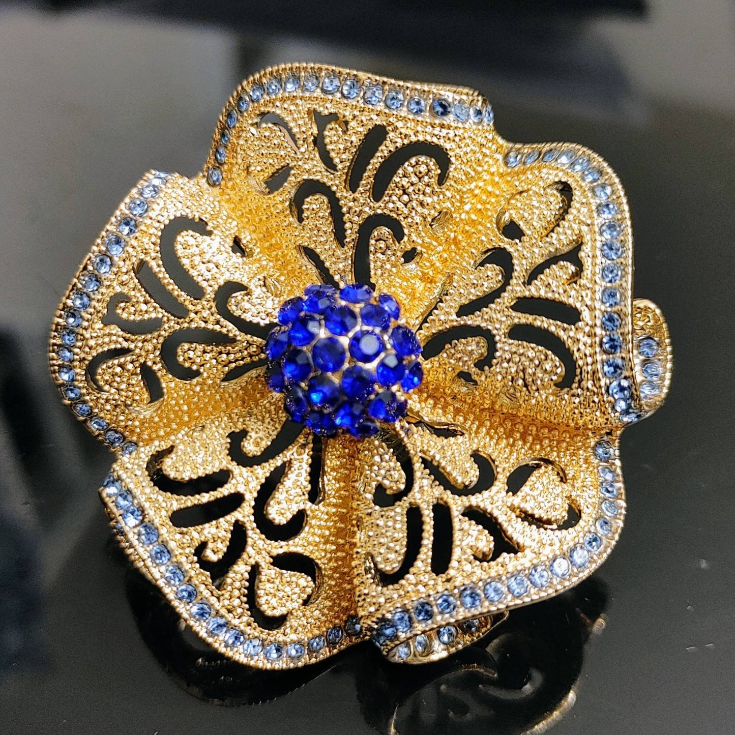 Women Finger Ring, Luxury Big Flower Zircon Rings, Women Indian Jewelry Classic Hollow Gold Color Adjustable Ring Female Gifts