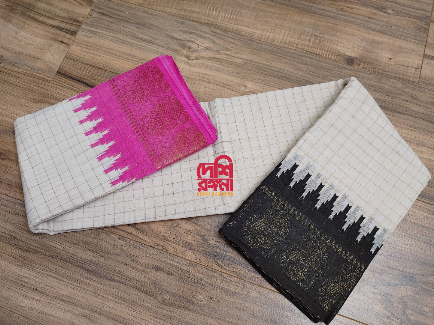 Madurai Cotton Saree, White With Black/Magenta Ganga Jamuna Border, Beautiful Off white body with check Jari, Perfect Party wear.