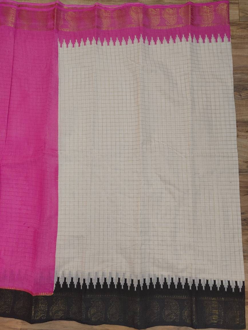 Madurai Cotton Saree, White With Black/Magenta Ganga Jamuna Border, Beautiful Off white body with check Jari, Perfect Party wear.