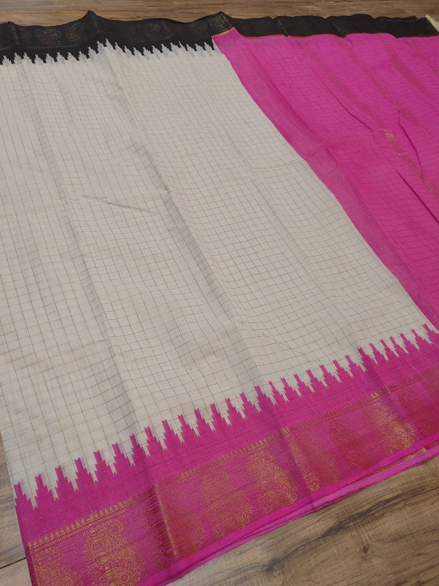 Madurai Cotton Saree, White With Black/Magenta Ganga Jamuna Border, Beautiful Off white body with check Jari, Perfect Party wear.