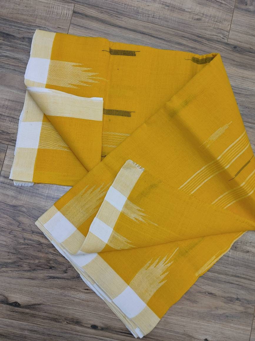 Sylheti Original Monipuri Handwoven Soft Cotton Saree, Yellow with White Hand Woven Border, Bangladeshi, Traditional Comfortable Saree