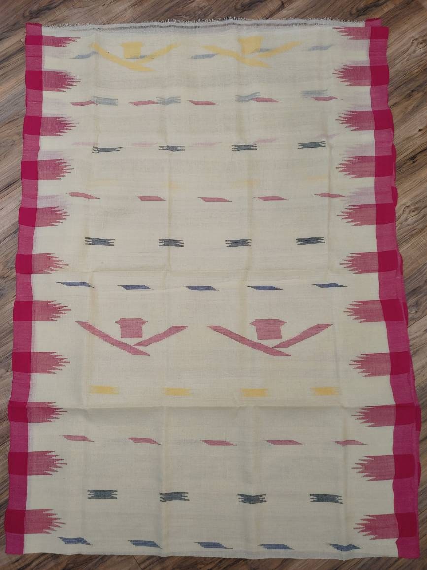 Sylheti Monipuri Handwoven Cotton Saree – Off White & Magenta