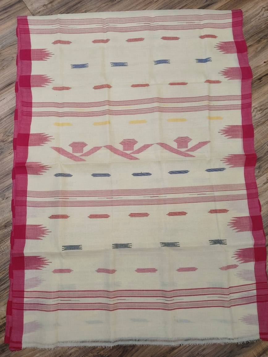 Sylheti Monipuri Handwoven Cotton Saree – Off White & Magenta