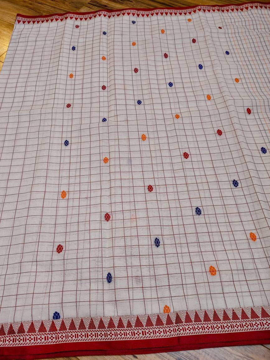 Nokshi Border Handwoven Cotton Saree. White with Beautiful Floral Red Border. Running Blouse Piece, Made in Tangail, Bangladesh