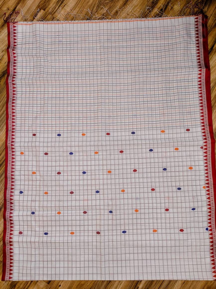 Nokshi Border Handwoven Cotton Saree. White with Beautiful Floral Red Border. Running Blouse Piece, Made in Tangail, Bangladesh