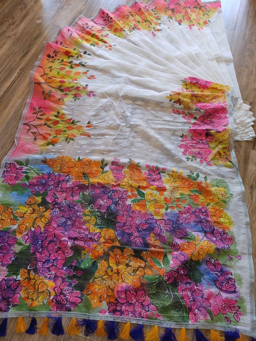 Original Dhakai Jamdani Handpainted Halfsilk Saree, Bougainvillea Theme, Bangladeshi Handpainted with Acramin color, Feel special with it