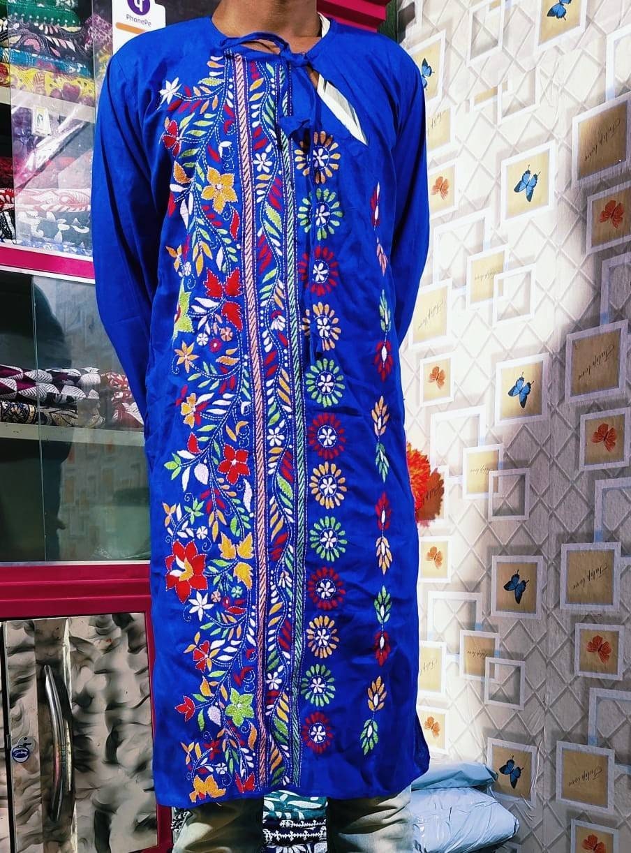 Blue Punjabi, Puja Special Punjabi, Hand Kantha Stitch Cotton Punjabi, Kurtas for Men, Indian Bengali Traditional Dress, Size 44 (Slim)