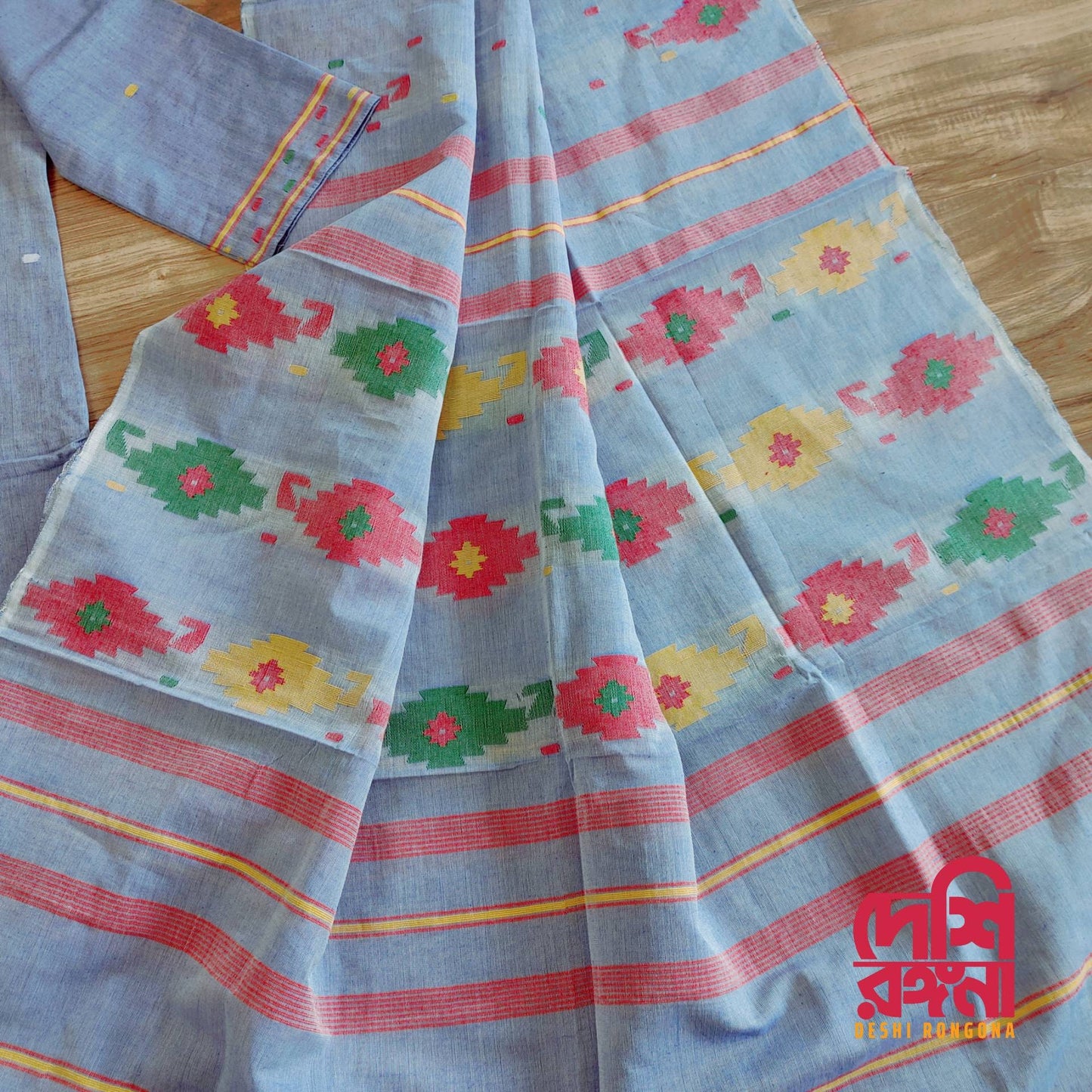 Dhakai Jamdani Dress, I'llHandloom Cotton 2 piece, Grayish blue and Red Combination, Soft, Comfortable Summer Wear. Kamij and Dupatta