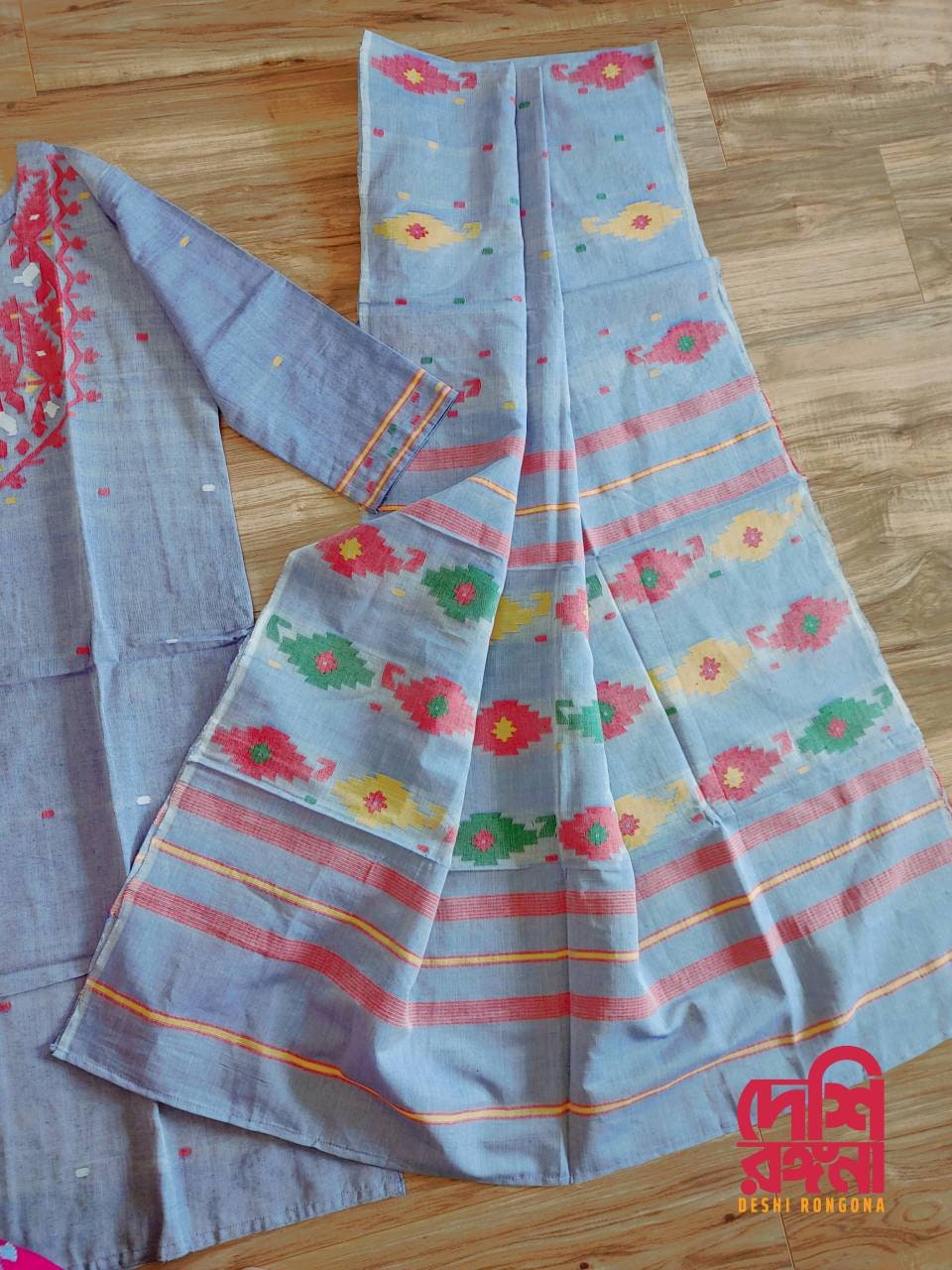 Dhakai Jamdani Dress, I'llHandloom Cotton 2 piece, Grayish blue and Red Combination, Soft, Comfortable Summer Wear. Kamij and Dupatta