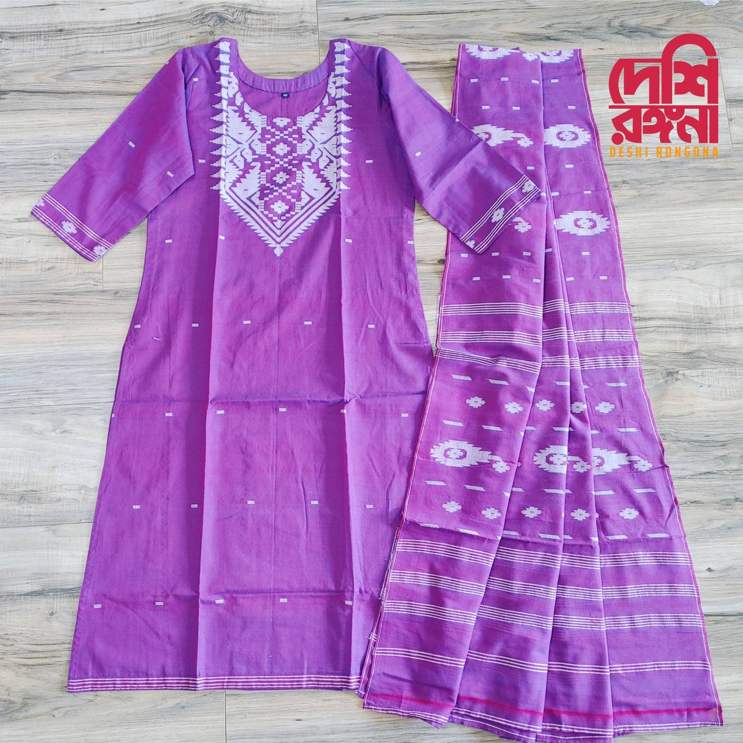 Dhakai Jamdani Dress, Original Handloom pure Cotton 2 piece, purple and white Combination, Soft, Comfortable Summer Wear. Kamij and Dupatta
