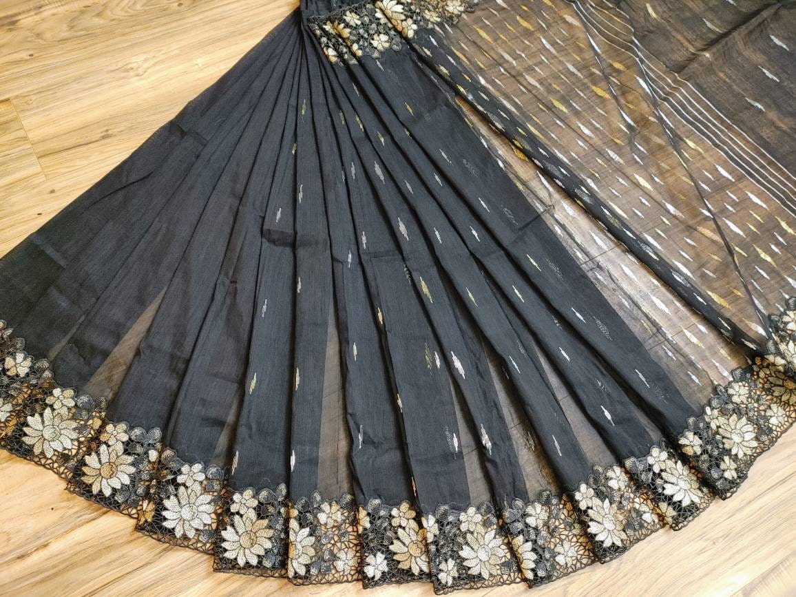 Elegant Black & Gold Dhakai Jamdani Cutwork